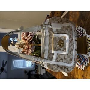 Coach Signature Jacquard Brass Trim Shoulder Bag White/Lavender